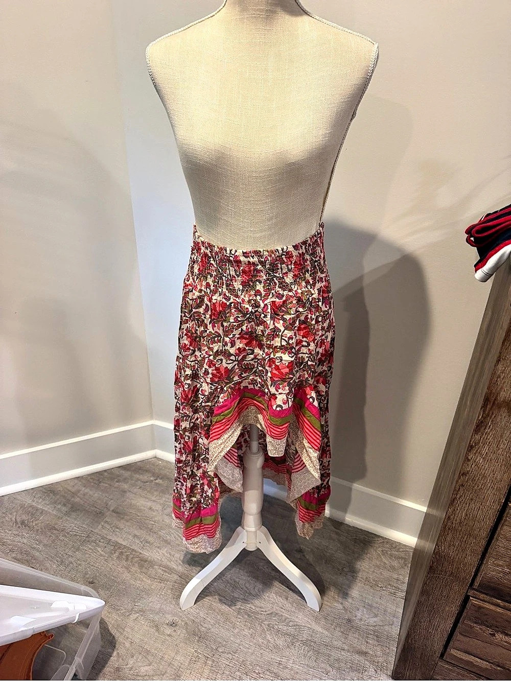 BTFBM Boho Floral High-Low Smocked Waist Ruffle Hem Maxi Skirt